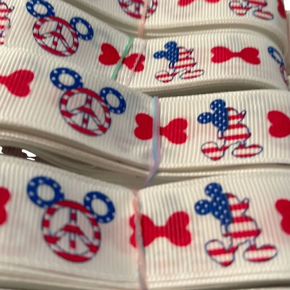 Grosgrain printed Ribbon 7/8” NEW 5 yards Mickey Mouse patriotic USA peace sign